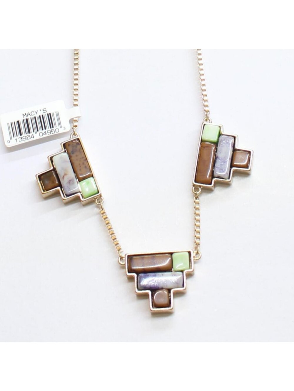 NWT Mcys Inlay Pyramid Pendant Art Deco Necklace Gold / Brown / Purple 16" + 3"
